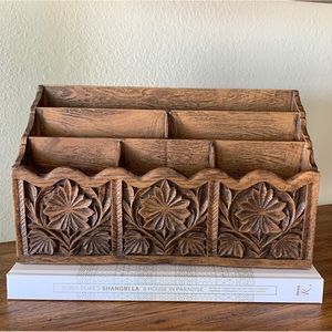 Vintage Lerner Melville Carved Desk Organizer Mail File Letter Holder Caddy